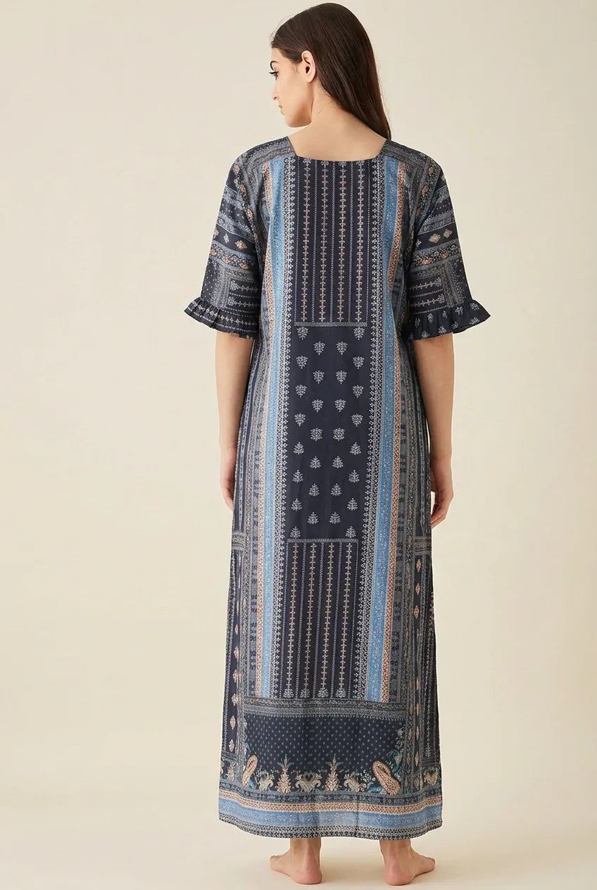 The Kaftan Company Nightdress Black Ethnic Print Nightdress with Ruffle Sleeves and Eye Mask
