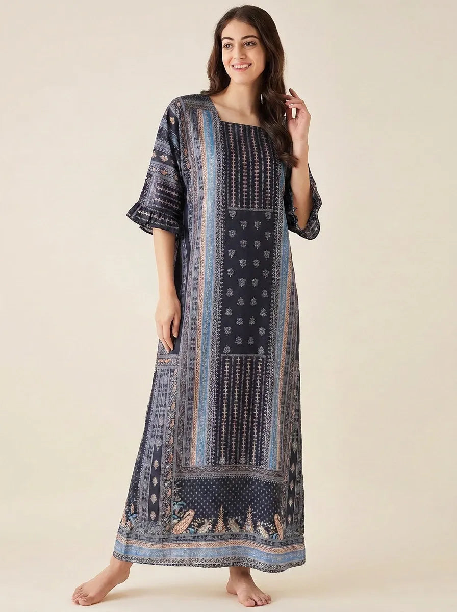 The Kaftan Company Nightdress Black Ethnic Print Nightdress with Ruffle Sleeves and Eye Mask