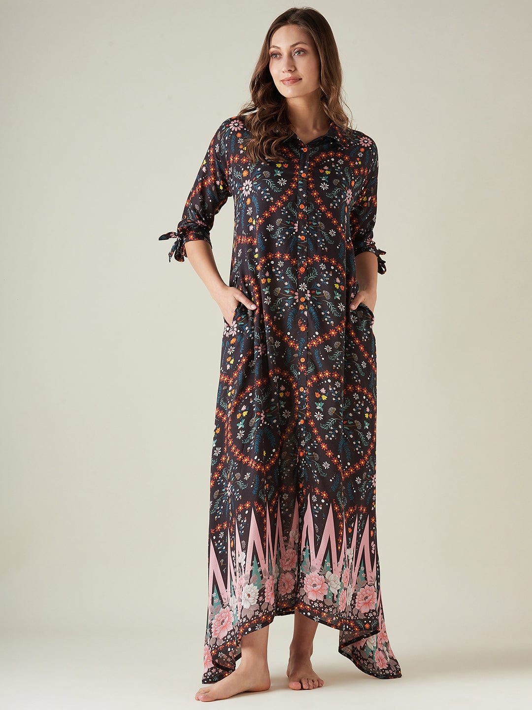 The Kaftan Company Nightdress Black Floral Button Down Lounge dress