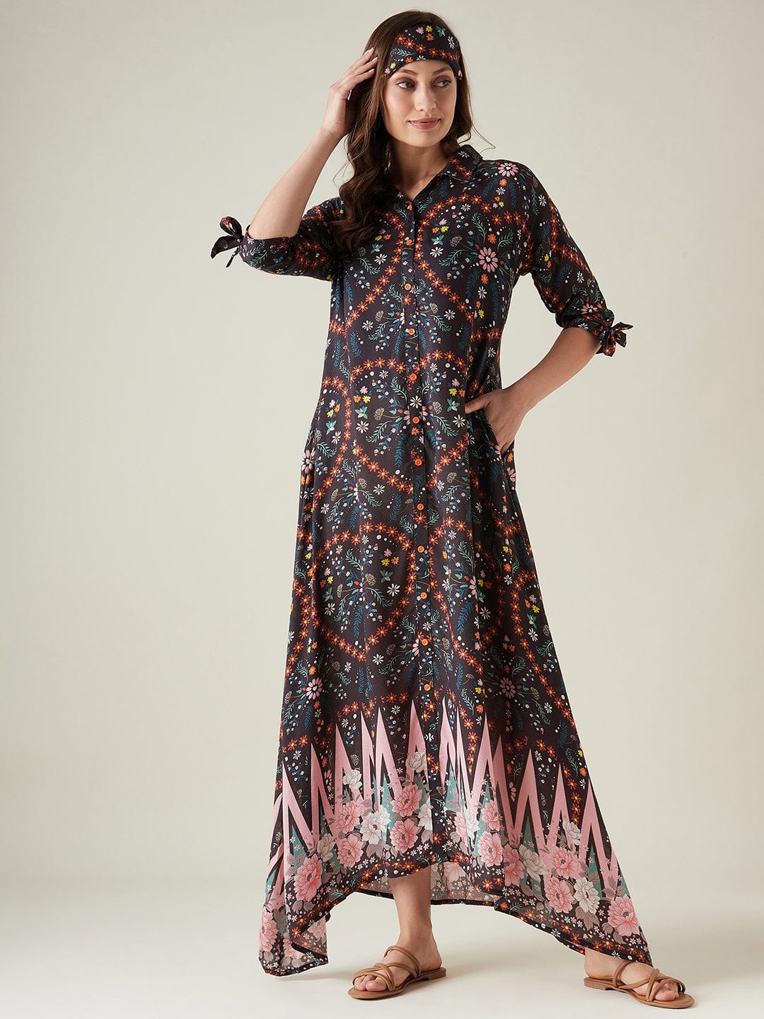 The Kaftan Company Nightdress Black Floral Button Down Lounge dress