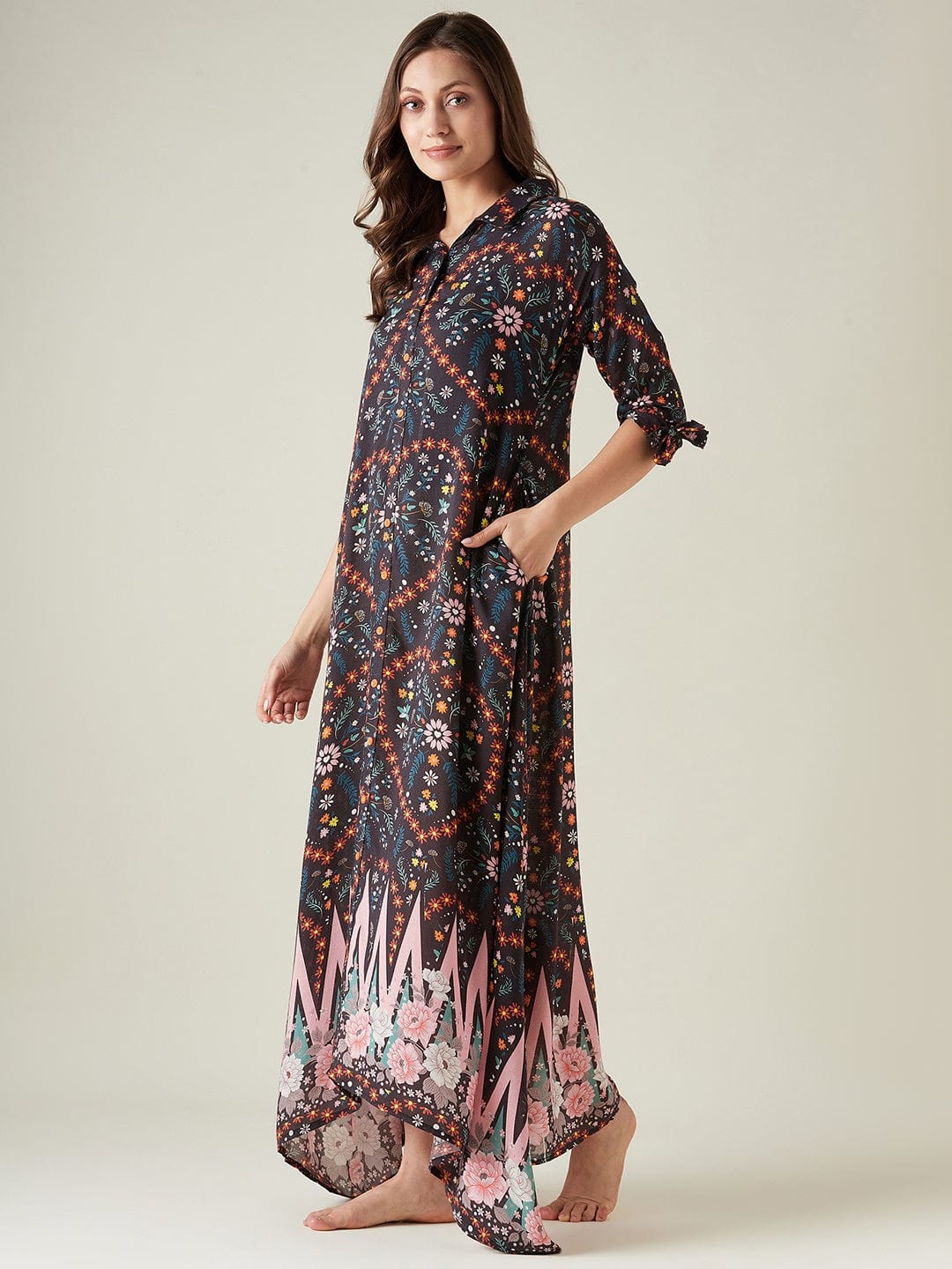 The Kaftan Company Nightdress Black Floral Button Down Lounge dress
