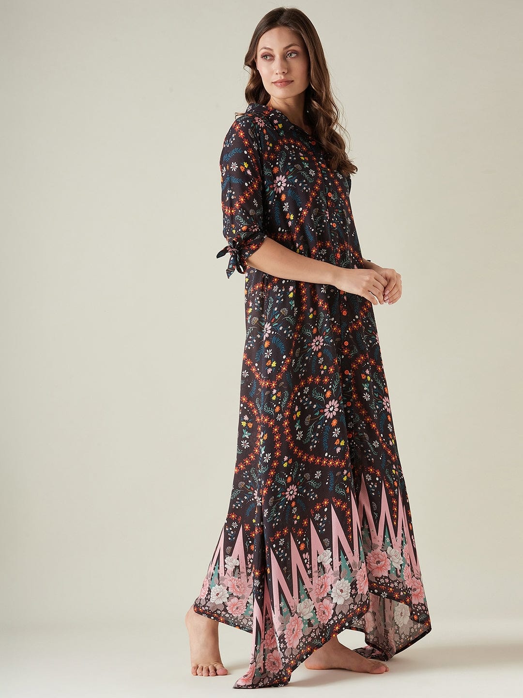 The Kaftan Company Nightdress Black Floral Button Down Lounge dress