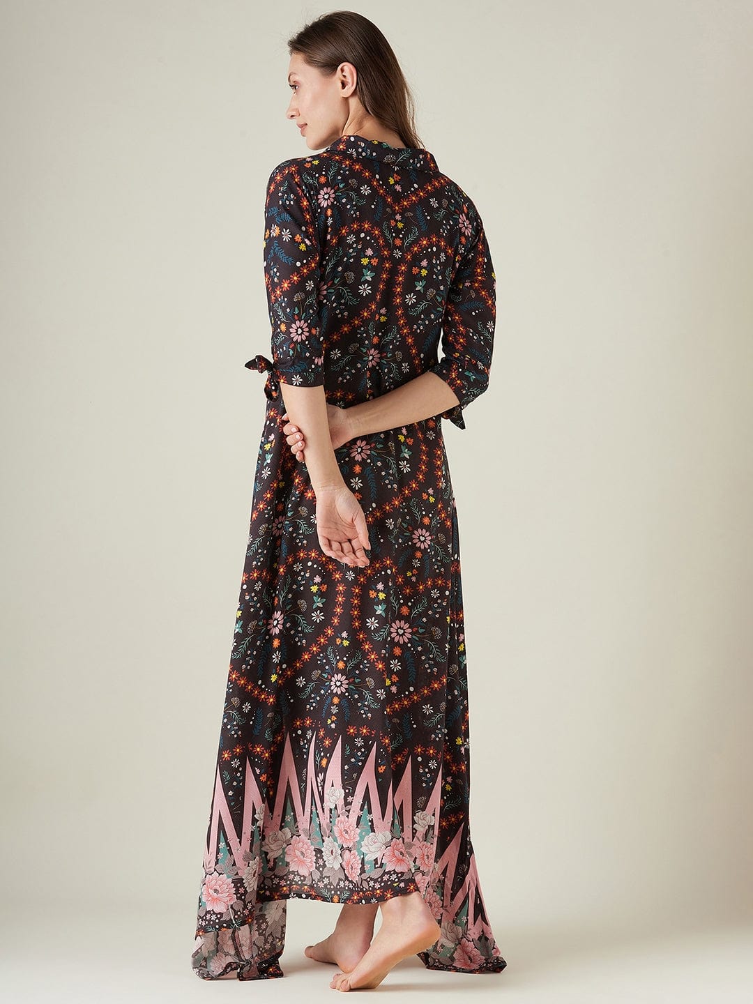 The Kaftan Company Nightdress Black Floral Button Down Lounge dress