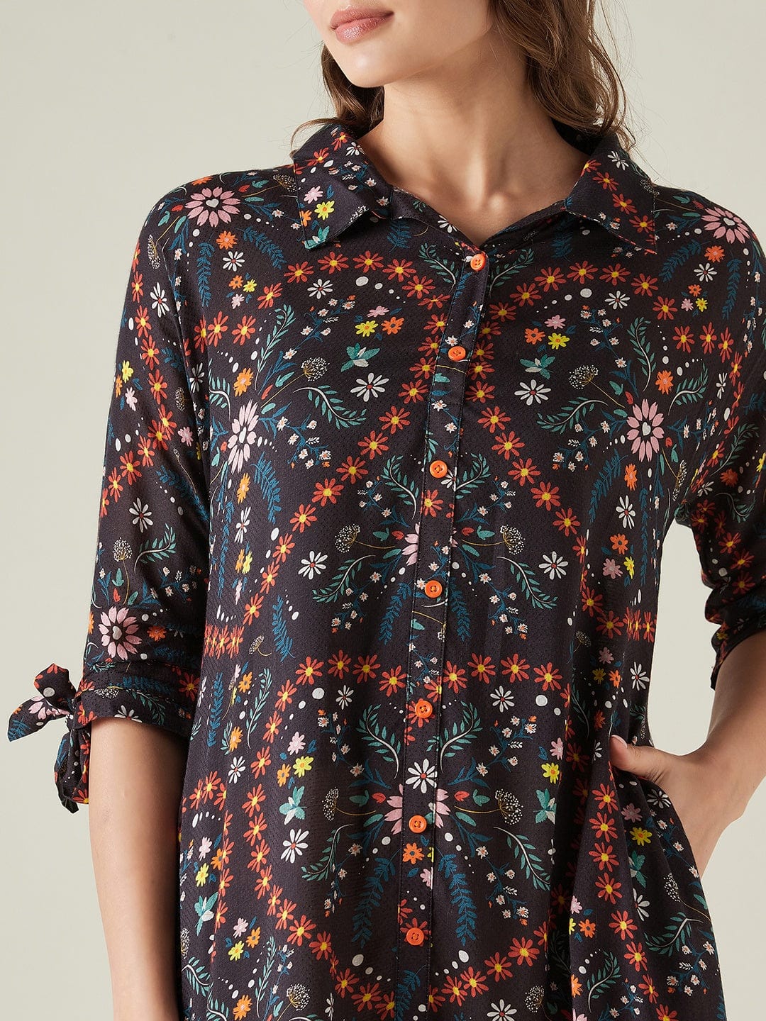 The Kaftan Company Nightdress Black Floral Button Down Lounge dress