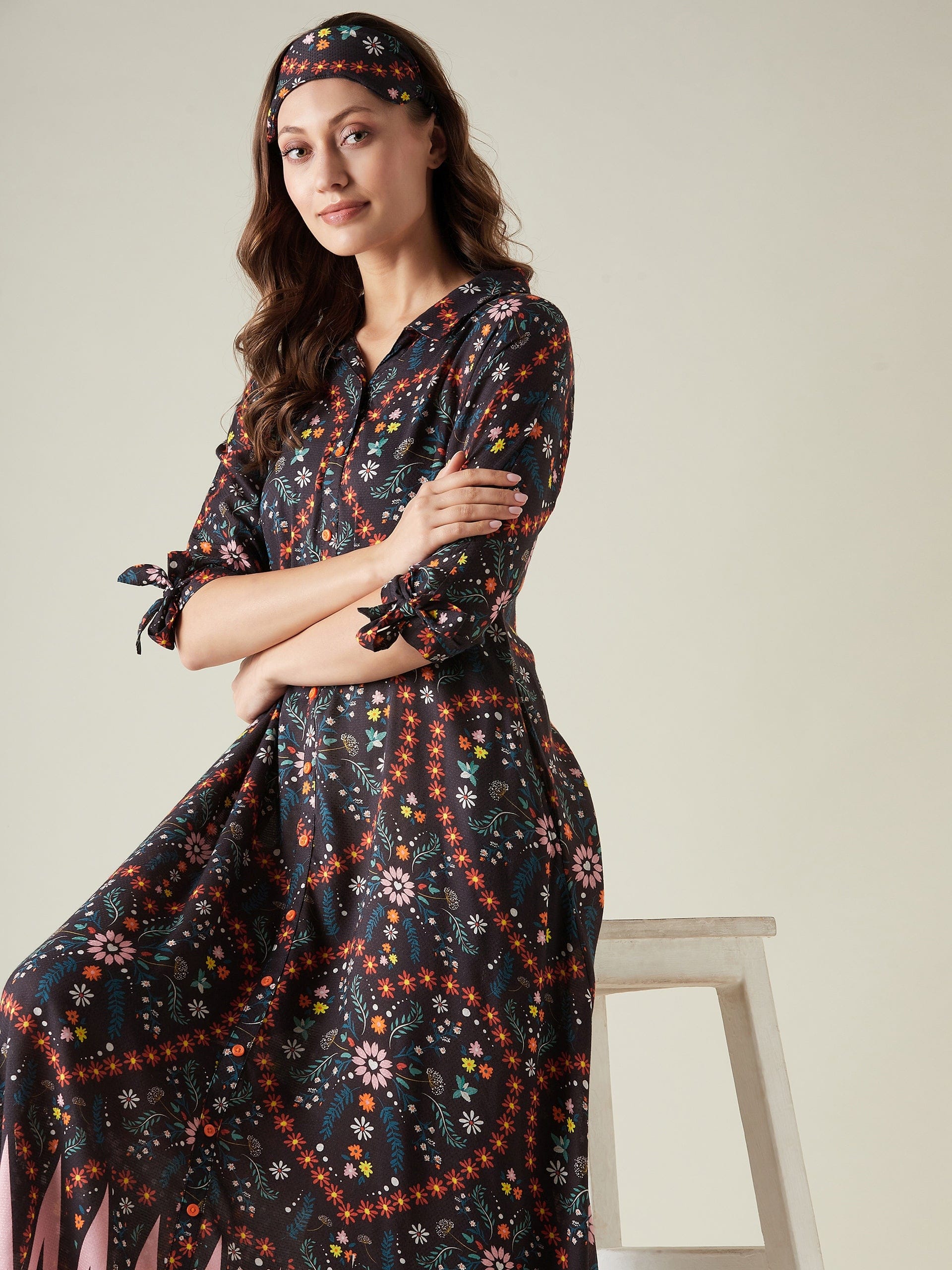 The Kaftan Company Nightdress Black Floral Button Down Lounge dress