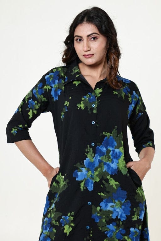 The Kaftan Company Nightdress Black Floral Textured Stretch Crepe Nightdress