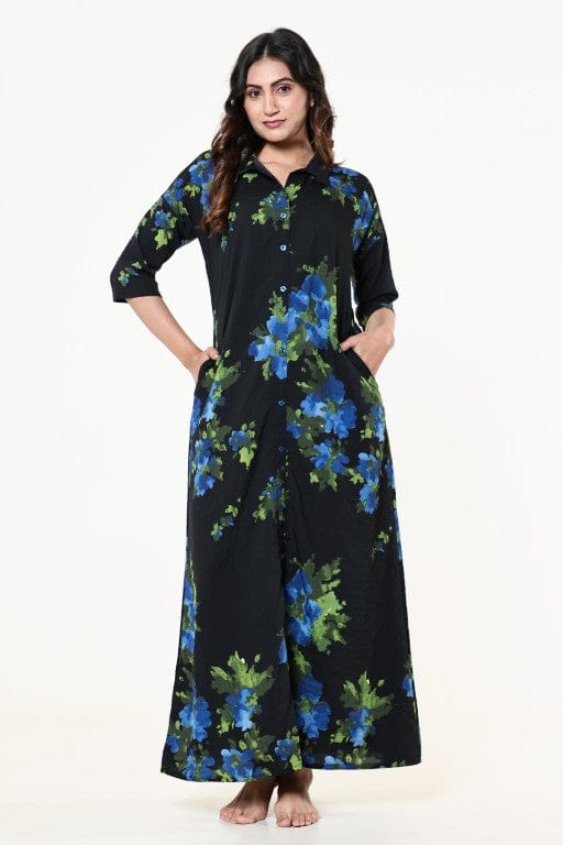 The Kaftan Company Nightdress Black Floral Textured Stretch Crepe Nightdress