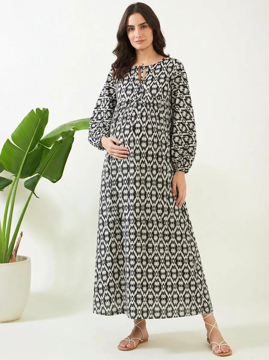 The Kaftan Company Nightdress Black Ikat Maternity Nursing Dress