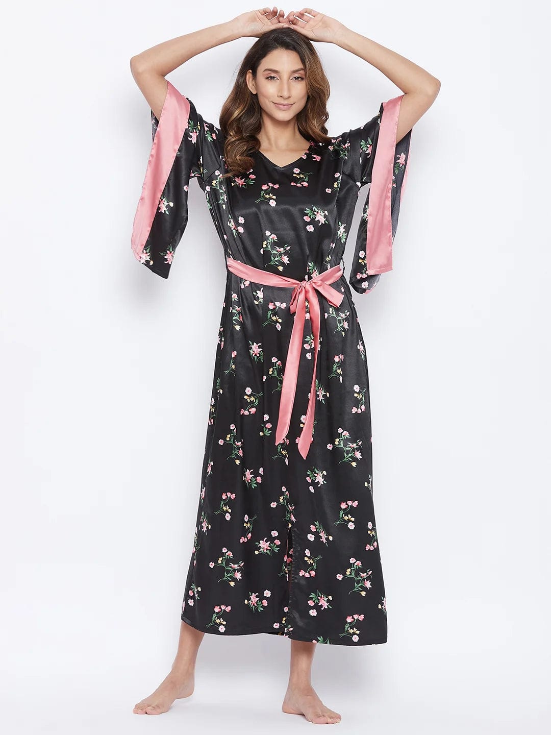 The Kaftan Company Nightdress Black Posy Satin Kaftan (Final Sale)