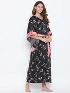 The Kaftan Company Nightdress Black Posy Satin Kaftan (Final Sale)