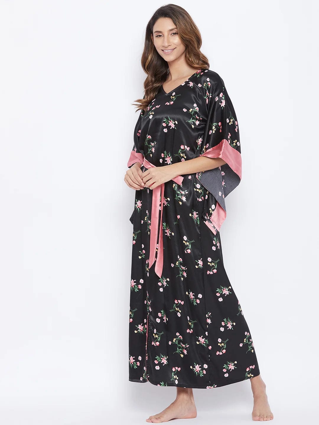 The Kaftan Company Nightdress Black Posy Satin Kaftan (Final Sale)