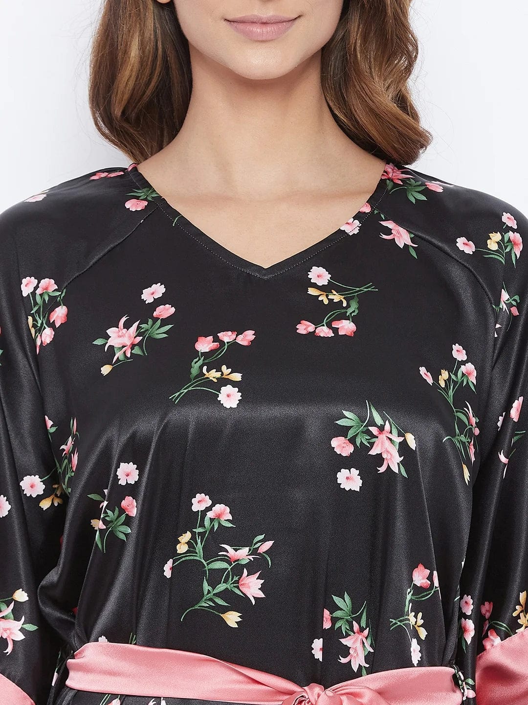 The Kaftan Company Nightdress Black Posy Satin Kaftan (Final Sale)