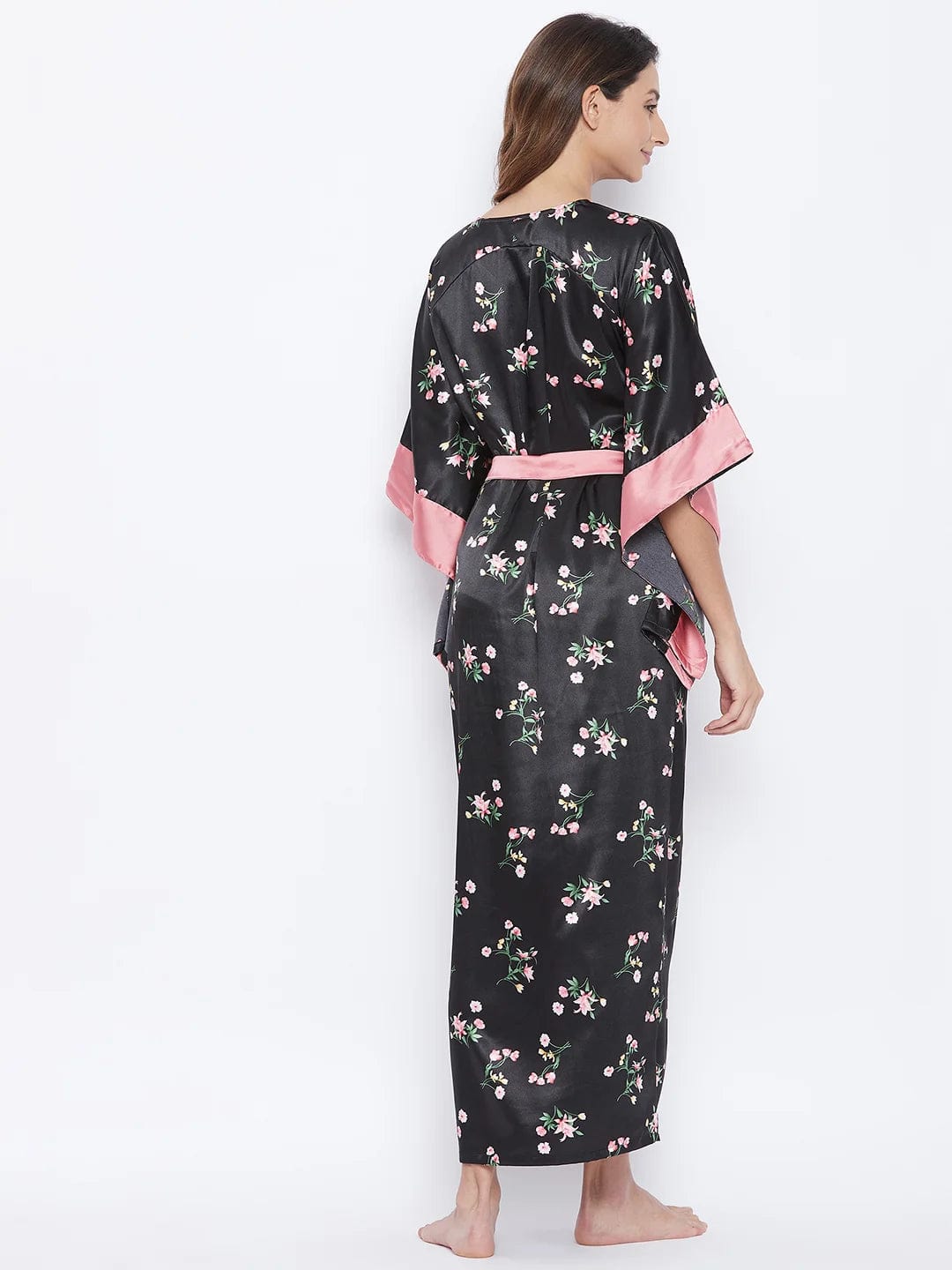 The Kaftan Company Nightdress Black Posy Satin Kaftan (Final Sale)