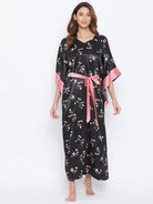 The Kaftan Company Nightdress Black Posy Satin Kaftan (Final Sale)