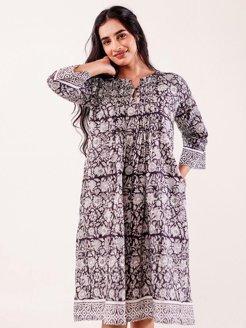 The Kaftan Company Nightdress Black & White Floral Printed Cotton Nightdress