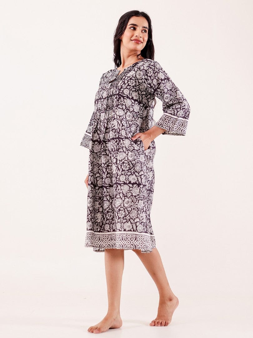 The Kaftan Company Nightdress Black & White Floral Printed Cotton Nightdress