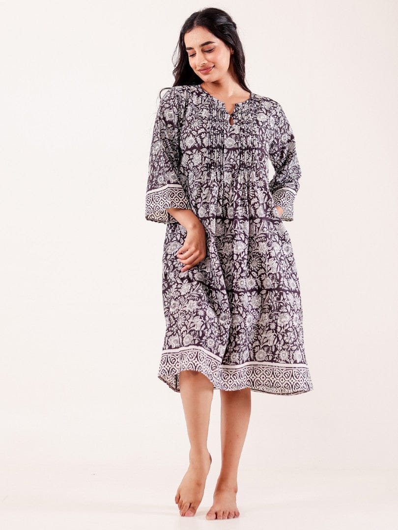 The Kaftan Company Nightdress Black & White Floral Printed Cotton Nightdress