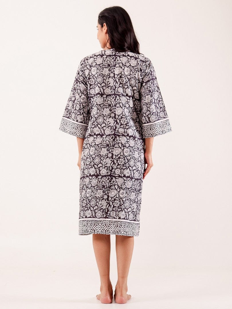 The Kaftan Company Nightdress Black & White Floral Printed Cotton Nightdress