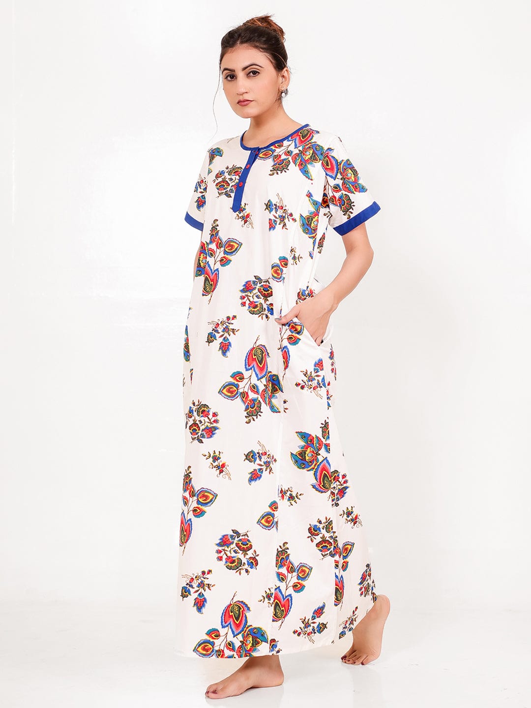 The Kaftan Company Nightdress Blue and White Cotton Floral Nightdress