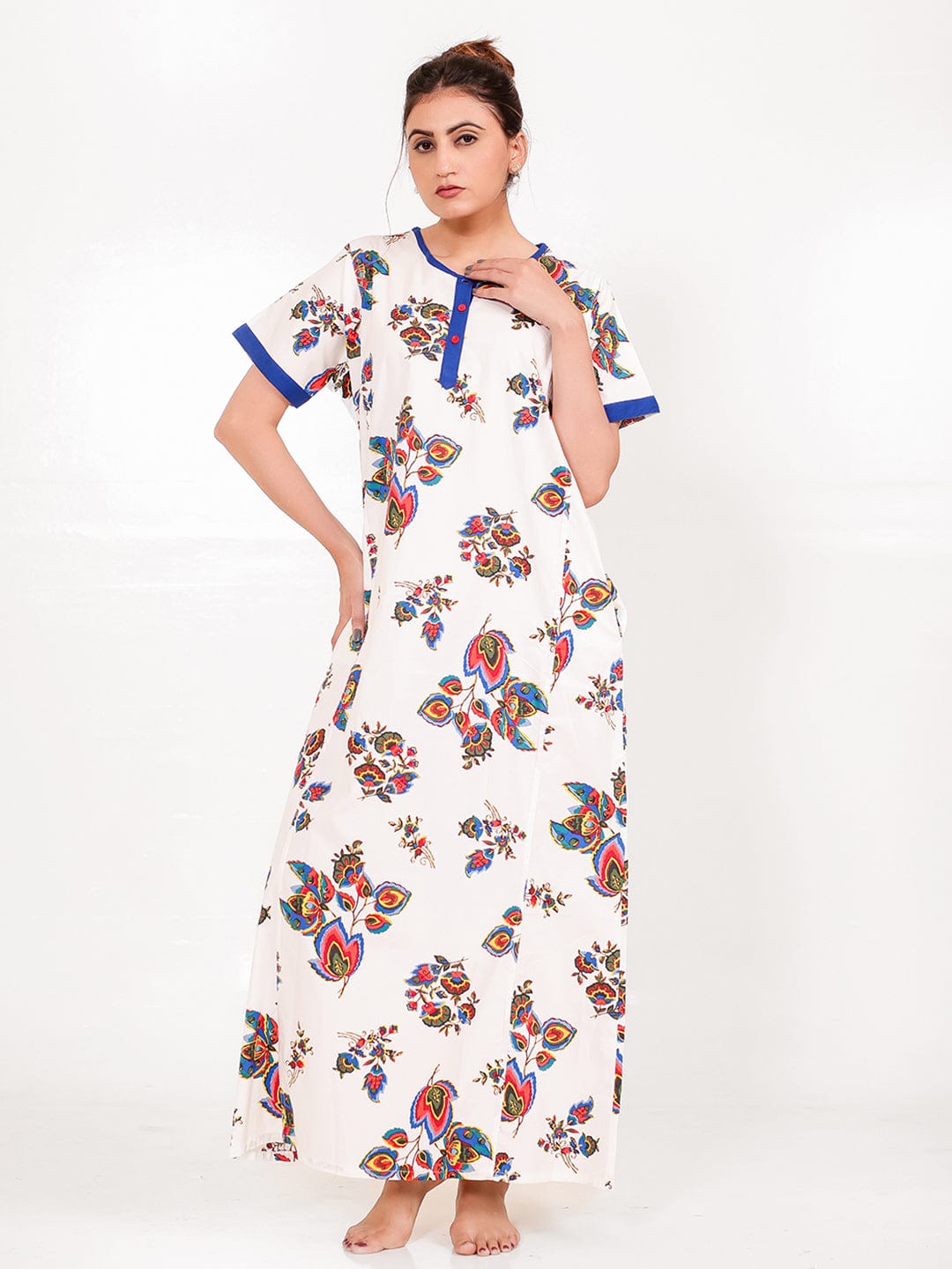 The Kaftan Company Nightdress Blue and White Cotton Floral Nightdress