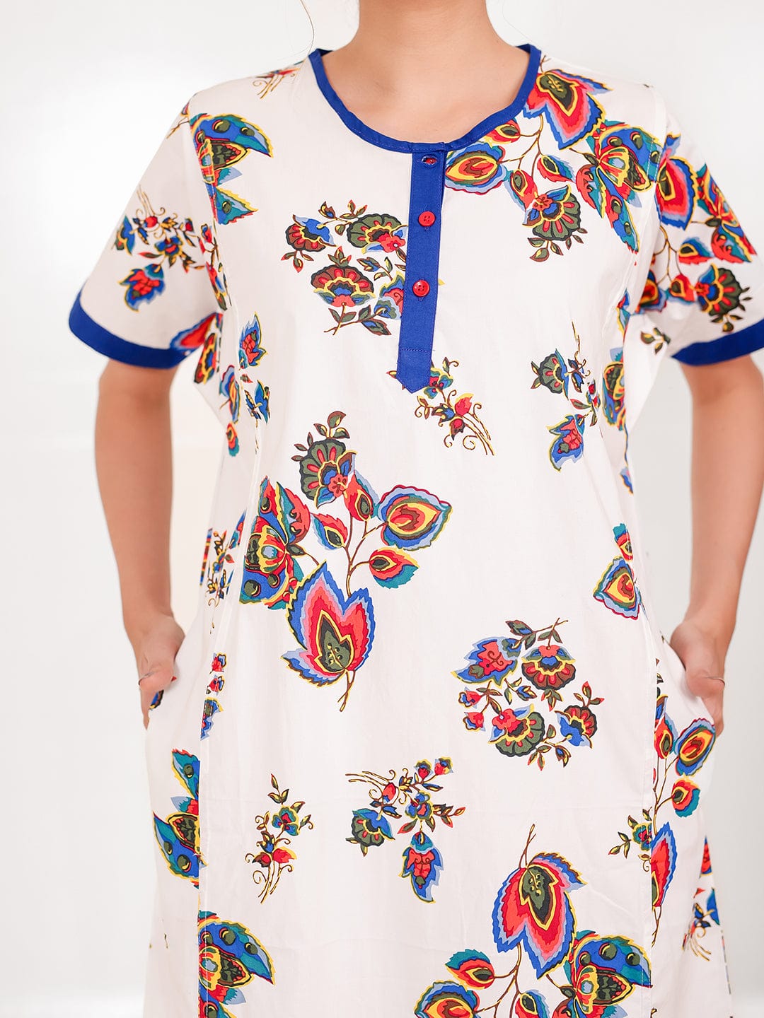The Kaftan Company Nightdress Blue and White Cotton Floral Nightdress