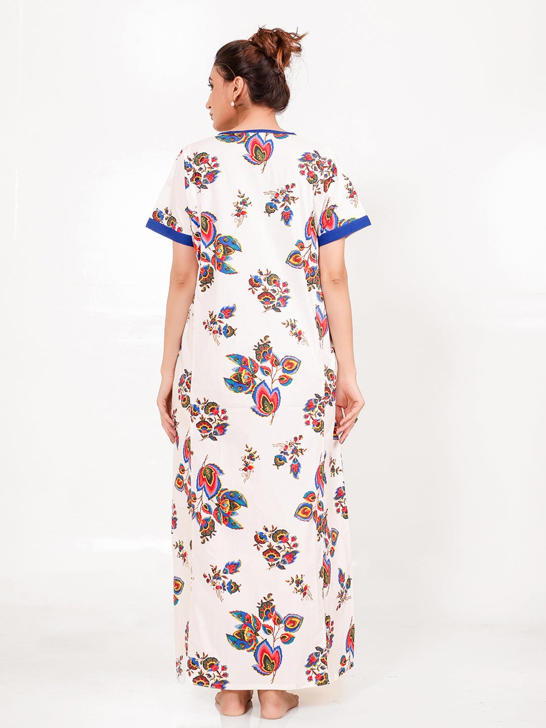 The Kaftan Company Nightdress Blue and White Cotton Floral Nightdress