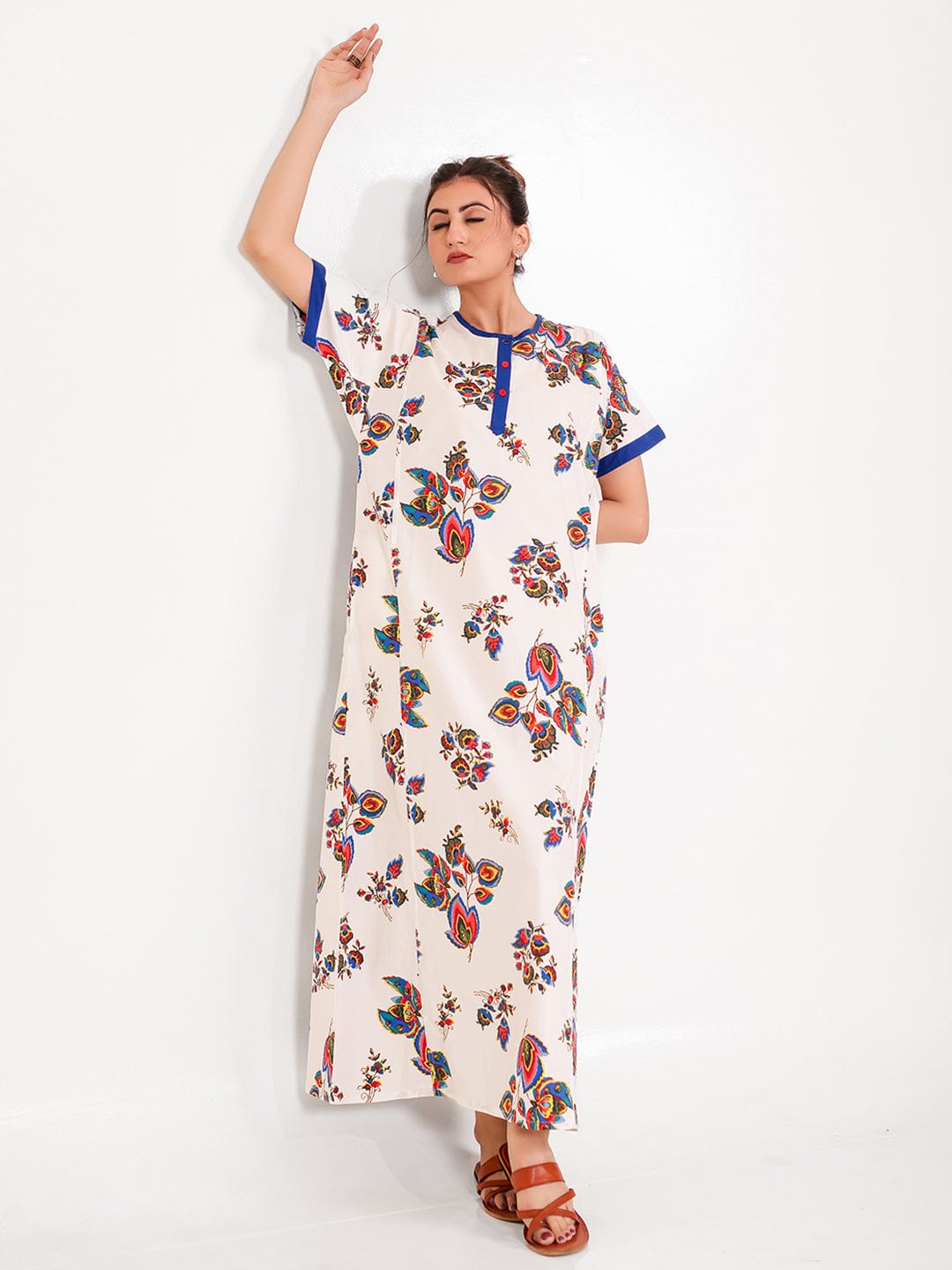 The Kaftan Company Nightdress Blue and White Cotton Floral Nightdress