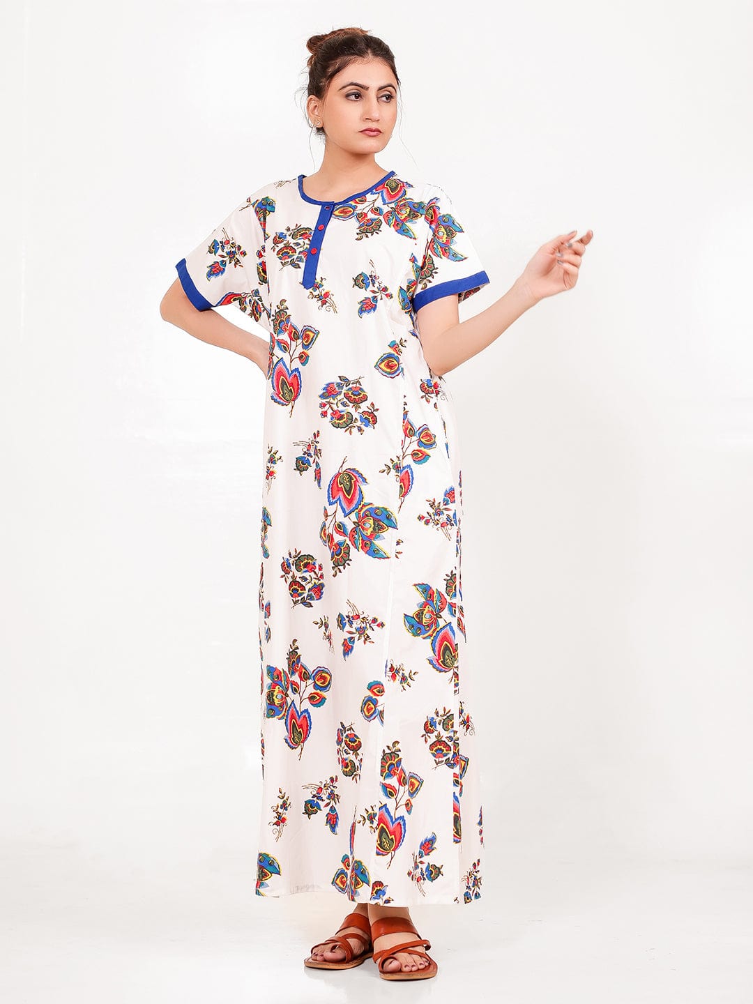 The Kaftan Company Nightdress Blue and White Cotton Floral Nightdress
