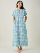 The Kaftan Company Nightdress Blue and White Tie dye embroidered Nightdress