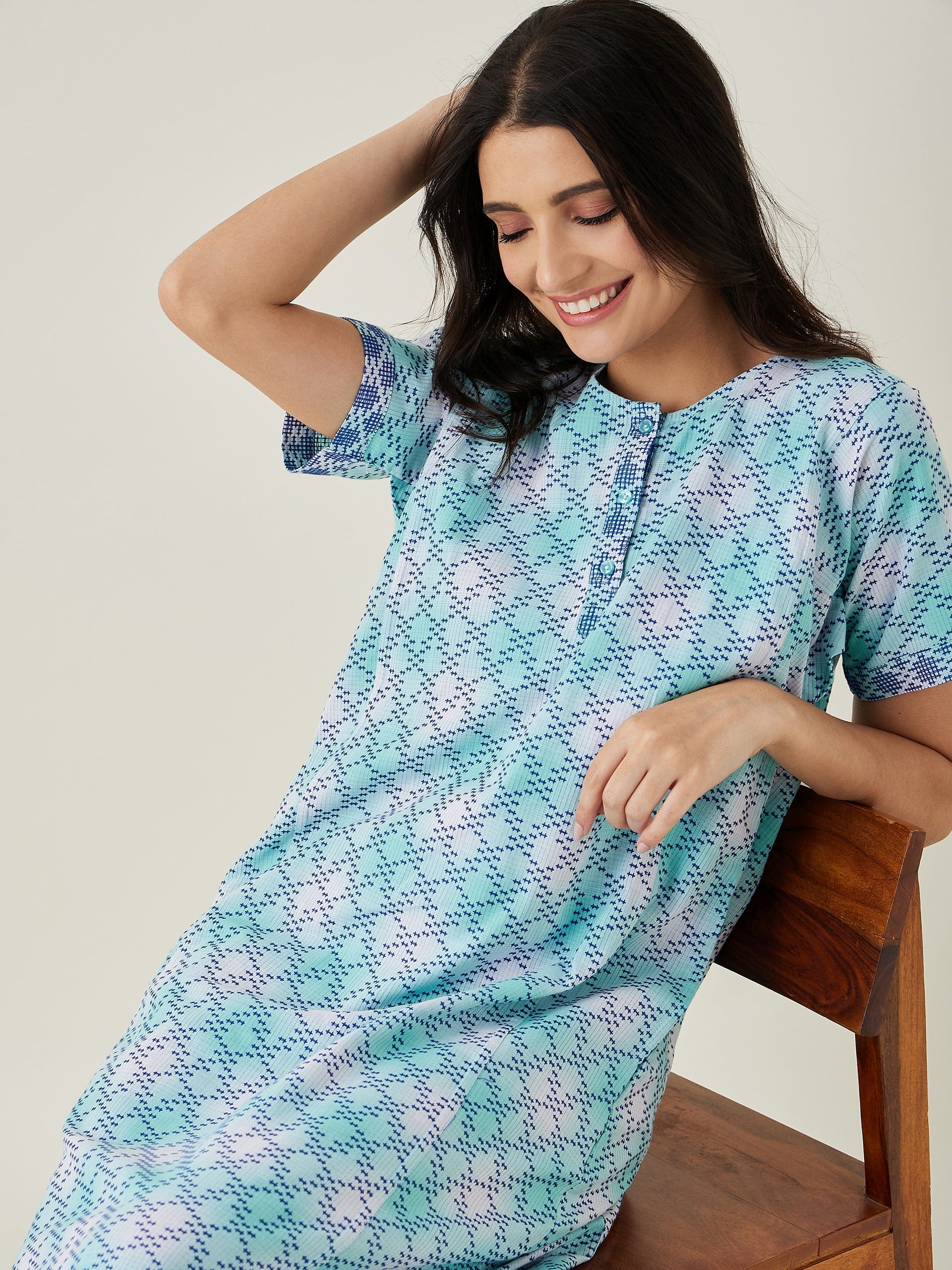 The Kaftan Company Nightdress Blue and White Tie dye embroidered Nightdress