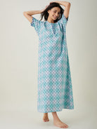 The Kaftan Company Nightdress Blue and White Tie dye embroidered Nightdress