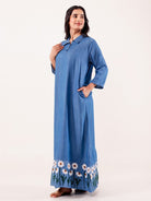 The Kaftan Company Nightdress Blue Chambray Embroidered Cotton Nightdress