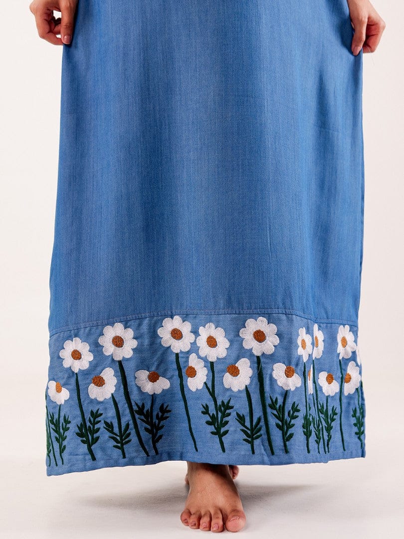 The Kaftan Company Nightdress Blue Chambray Embroidered Cotton Nightdress