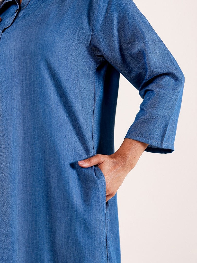 The Kaftan Company Nightdress Blue Chambray Embroidered Cotton Nightdress