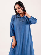 The Kaftan Company Nightdress Blue Chambray Embroidered Cotton Nightdress