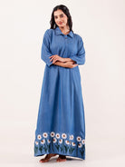 The Kaftan Company Nightdress Blue Chambray Embroidered Cotton Nightdress