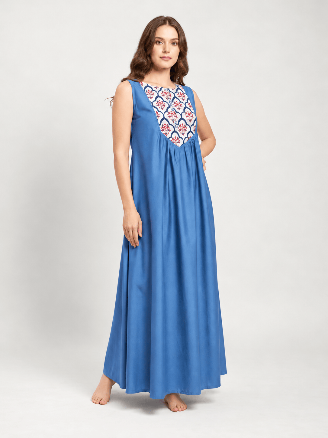 The Kaftan Company Nightdress Blue Cotton Sleeveless Nightdress with Floral Bib Yoke