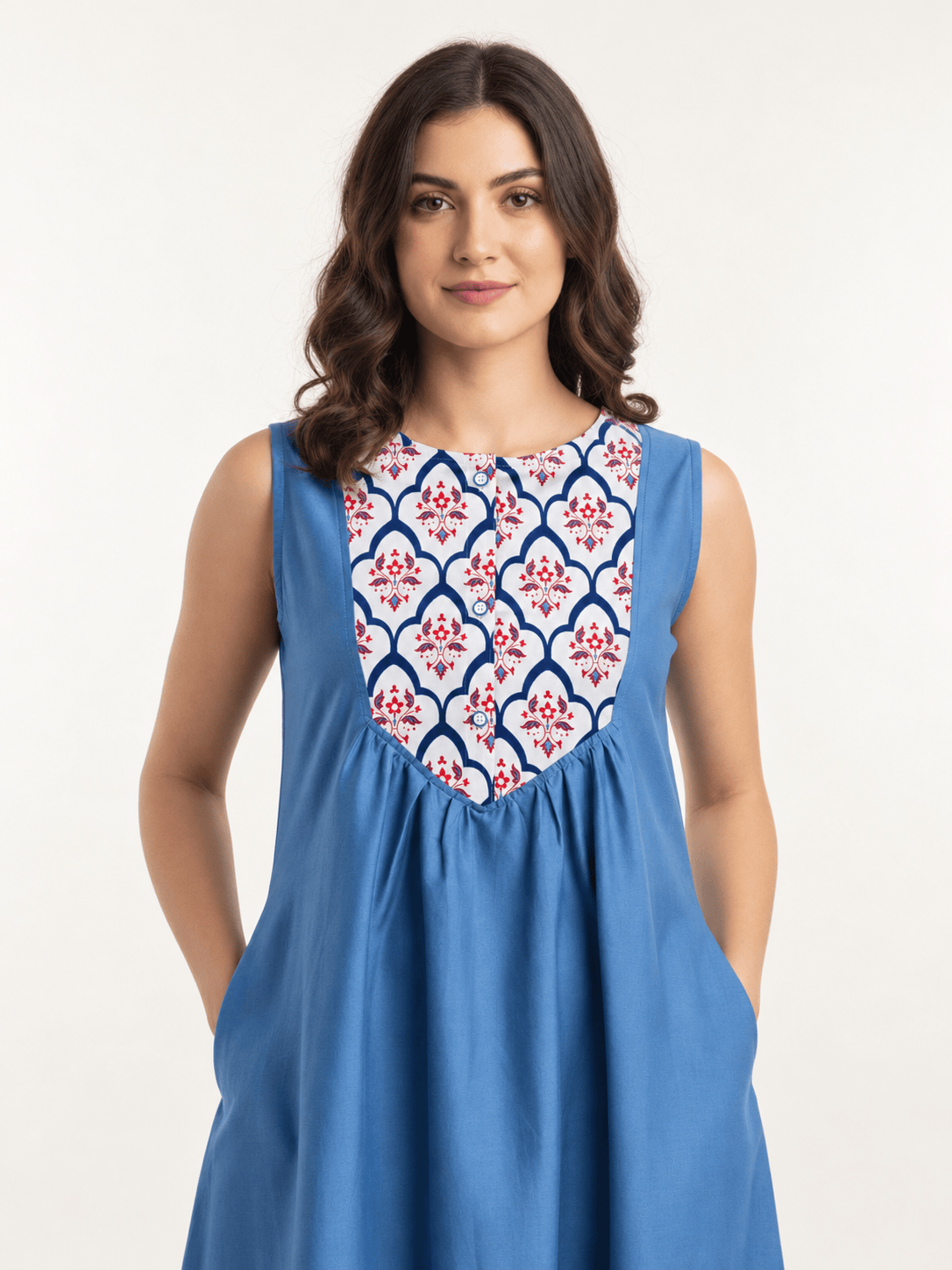 The Kaftan Company Nightdress Blue Cotton Sleeveless Nightdress with Floral Bib Yoke