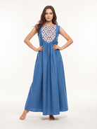 The Kaftan Company Nightdress Blue Cotton Sleeveless Nightdress with Floral Bib Yoke
