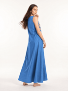 The Kaftan Company Nightdress Blue Cotton Sleeveless Nightdress with Floral Bib Yoke