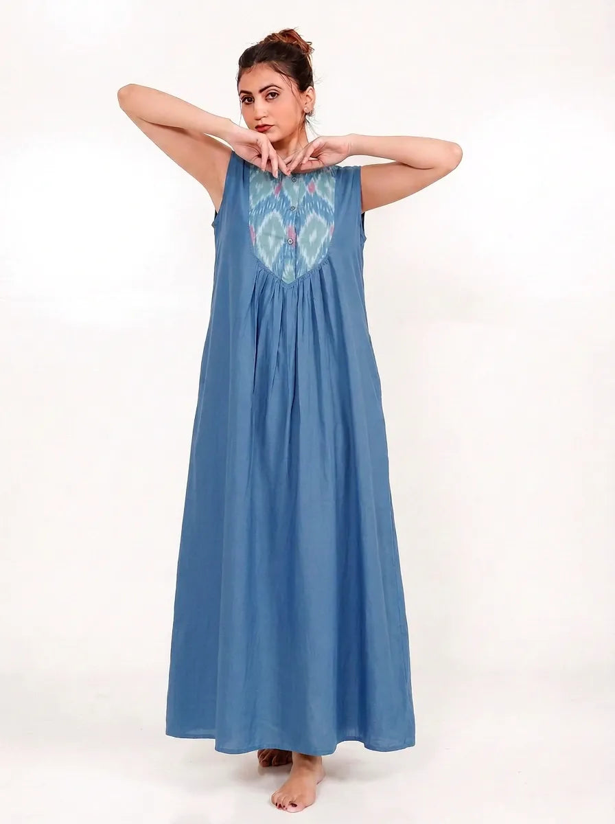 The Kaftan Company Nightdress Blue Cotton Sleeveless Nightdress with Ikat Bib Yoke