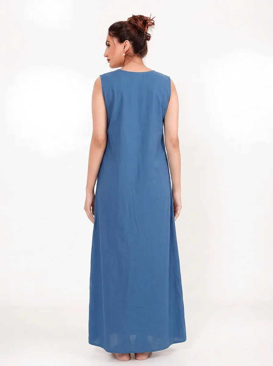 The Kaftan Company Nightdress Blue Cotton Sleeveless Nightdress with Ikat Bib Yoke