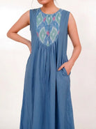 The Kaftan Company Nightdress Blue Cotton Sleeveless Nightdress with Ikat Bib Yoke