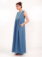 The Kaftan Company Nightdress Blue Cotton Sleeveless Nightdress with Ikat Bib Yoke