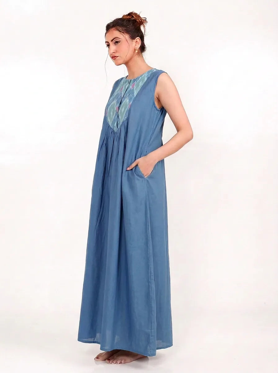 The Kaftan Company Nightdress Blue Cotton Sleeveless Nightdress with Ikat Bib Yoke