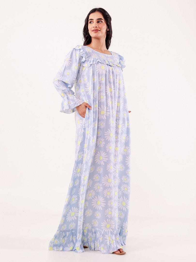 The Kaftan Company Nightdress Blue Daisy Printed Nightdress with Ruffle Detail