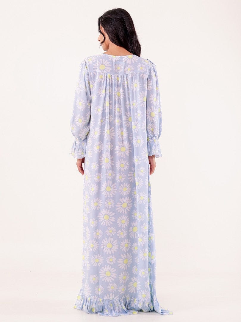The Kaftan Company Nightdress Blue Daisy Printed Nightdress with Ruffle Detail