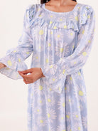 The Kaftan Company Nightdress Blue Daisy Printed Nightdress with Ruffle Detail