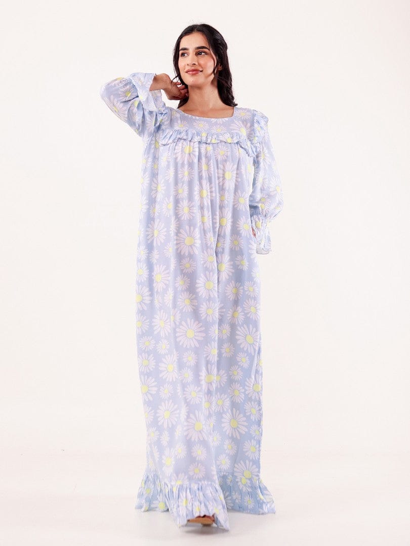 The Kaftan Company Nightdress Blue Daisy Printed Nightdress with Ruffle Detail