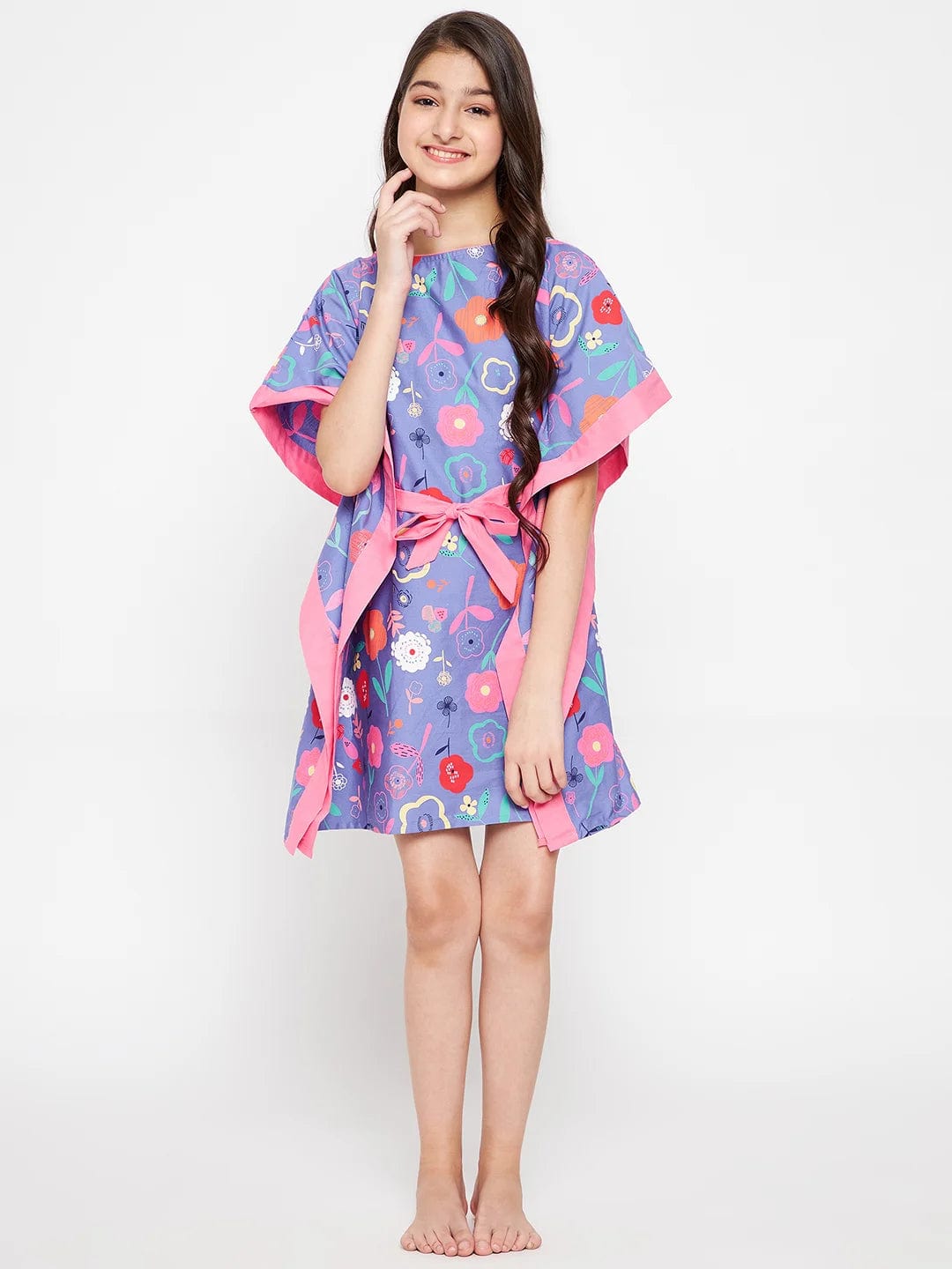 The Kaftan Company Nightdress Blue Doodled Flowers Kaftan Nightdress